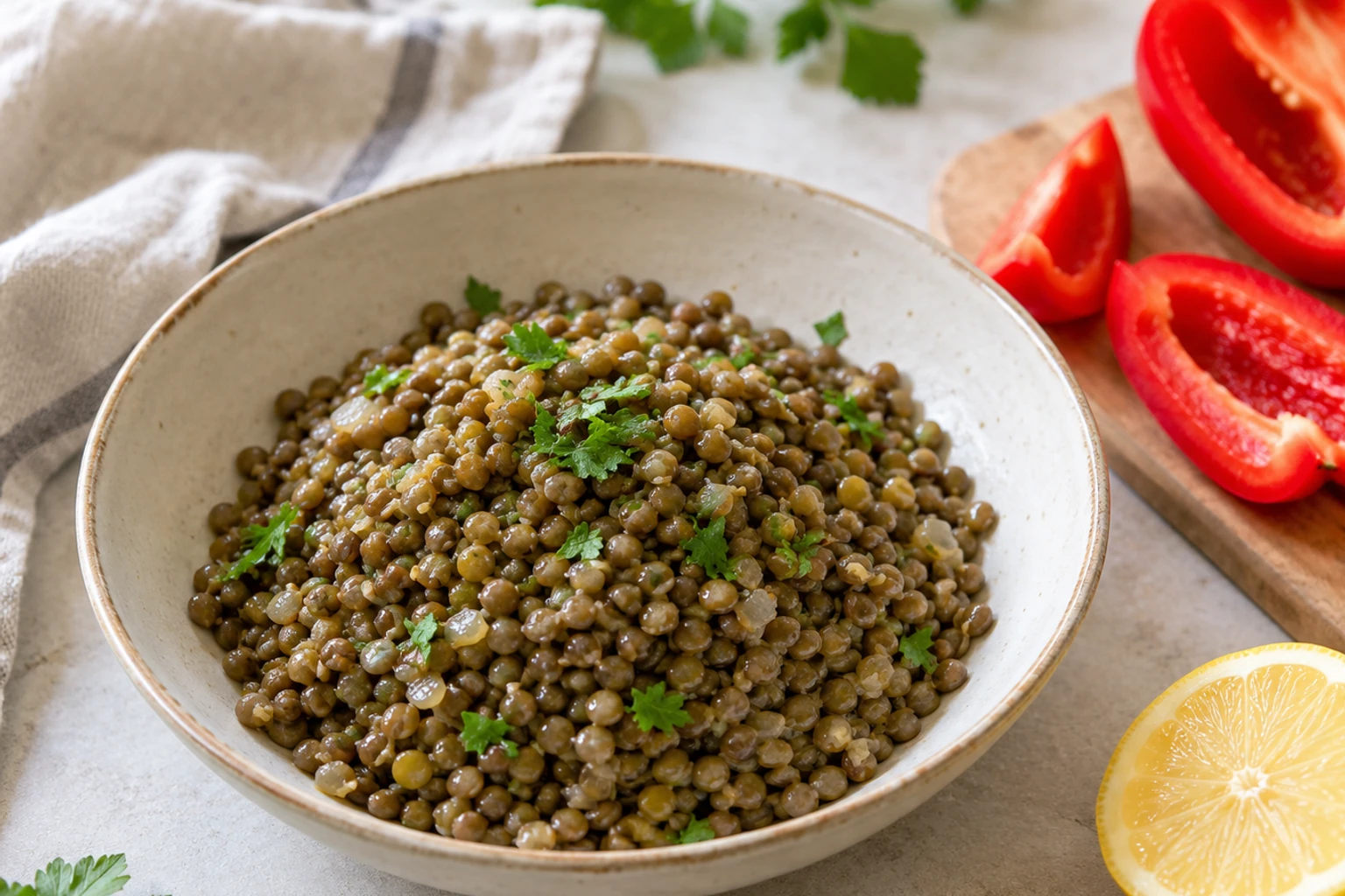 Bol de lentilles cuites assaisonnées, persil, citron et tomates fraîches en arrière-plan
