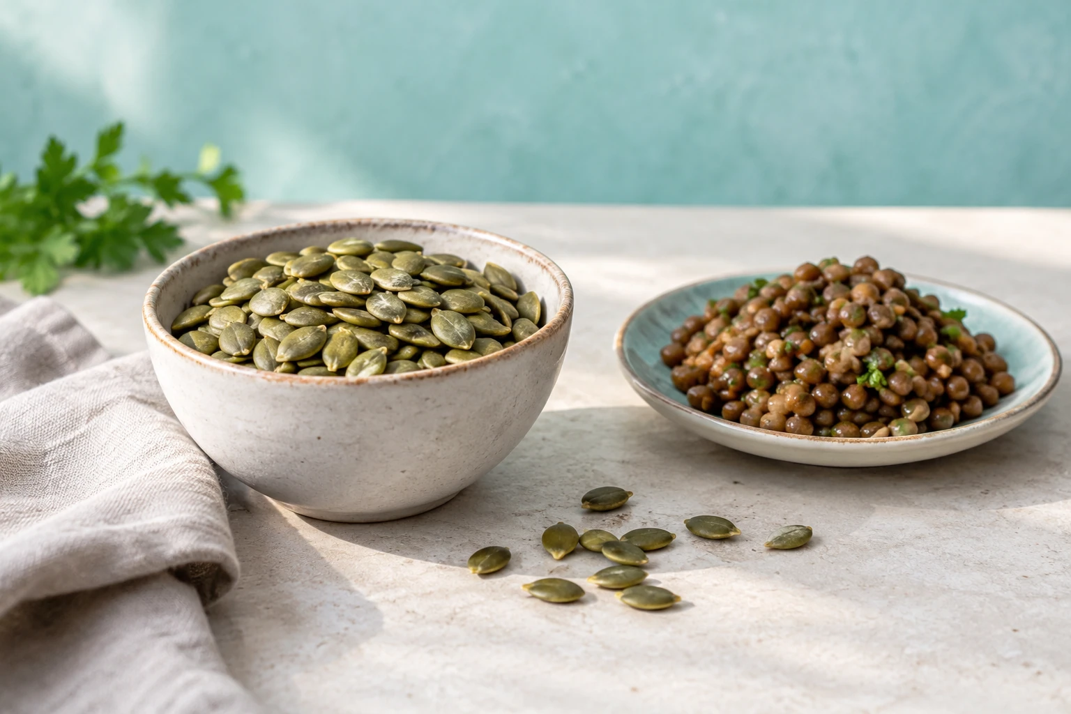 Bol de graines de courge à côté d'une assiette de lentilles sur table claire