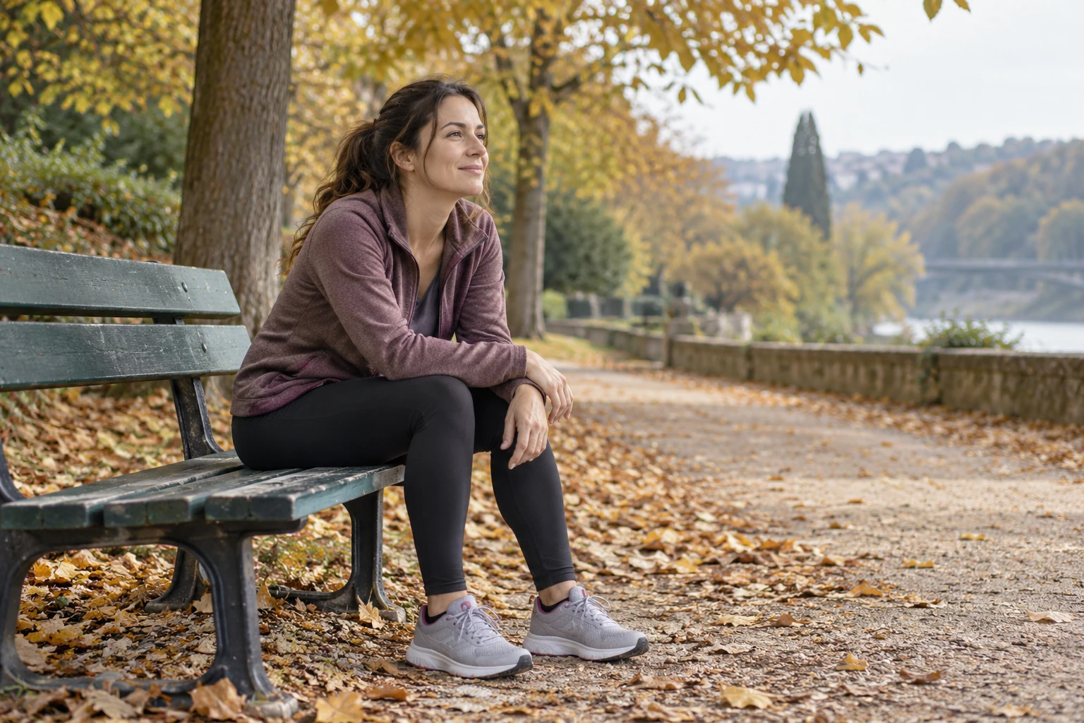 Femme en tenue de sport assise sur banc, regard vers rivière automnale, chaussures de marche
