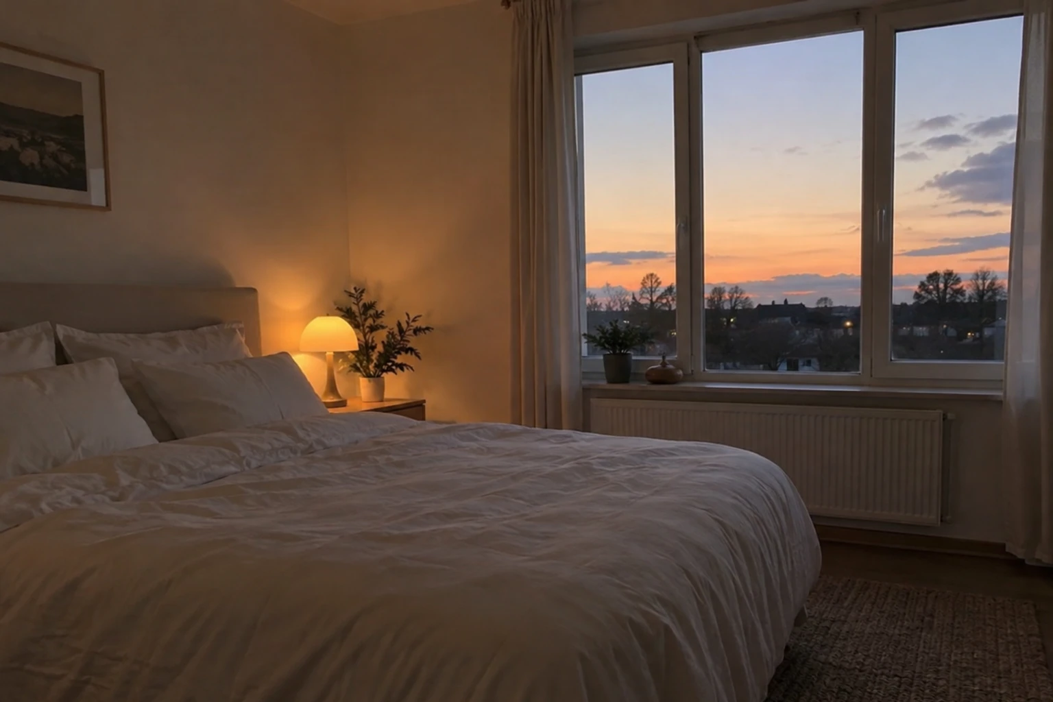 Chambre accueillante au crépuscule, lit défait, lampe allumée et vue sur coucher de soleil