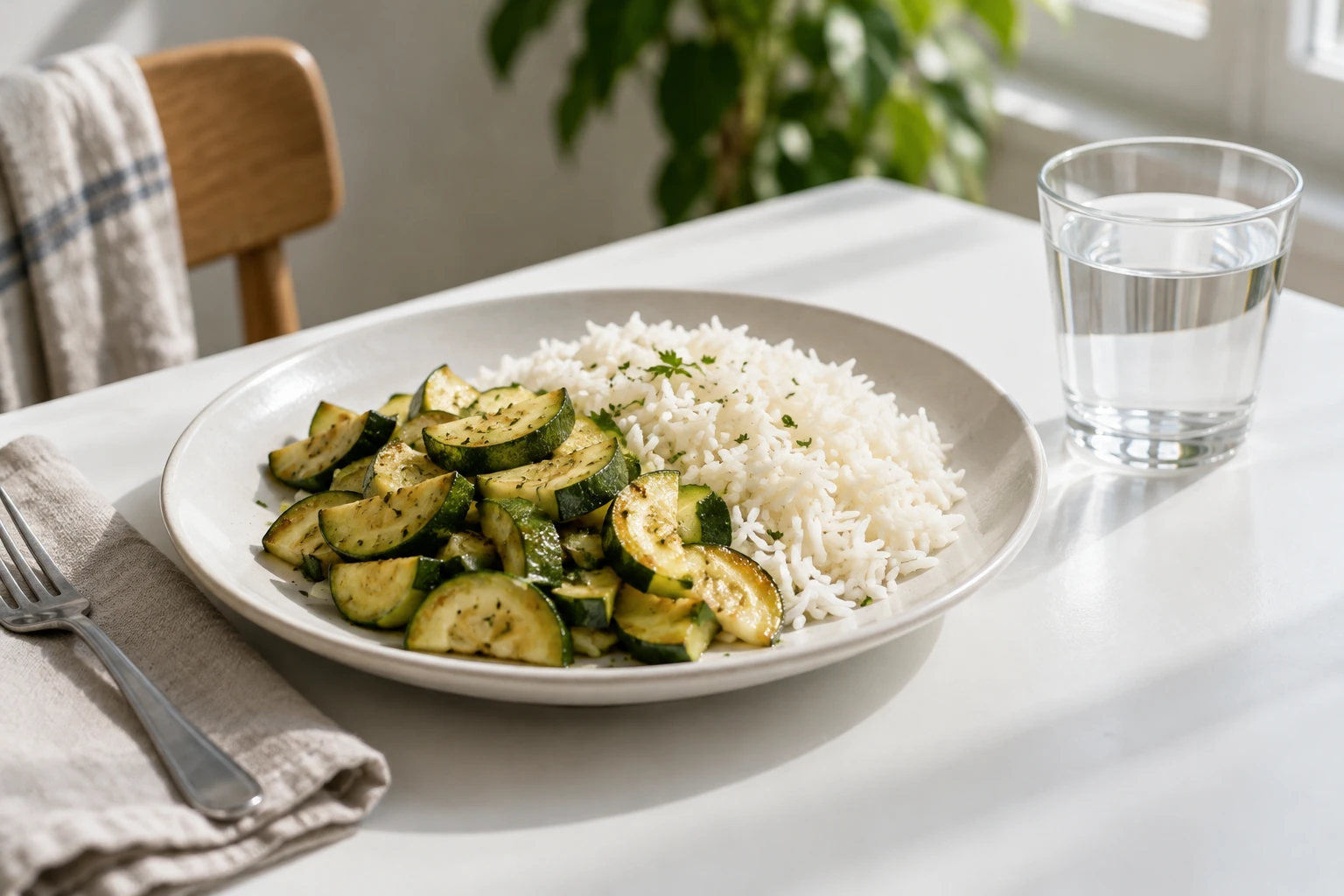 Assiette de riz blanc et courgettes sautées, verre d'eau sur table lumineuse