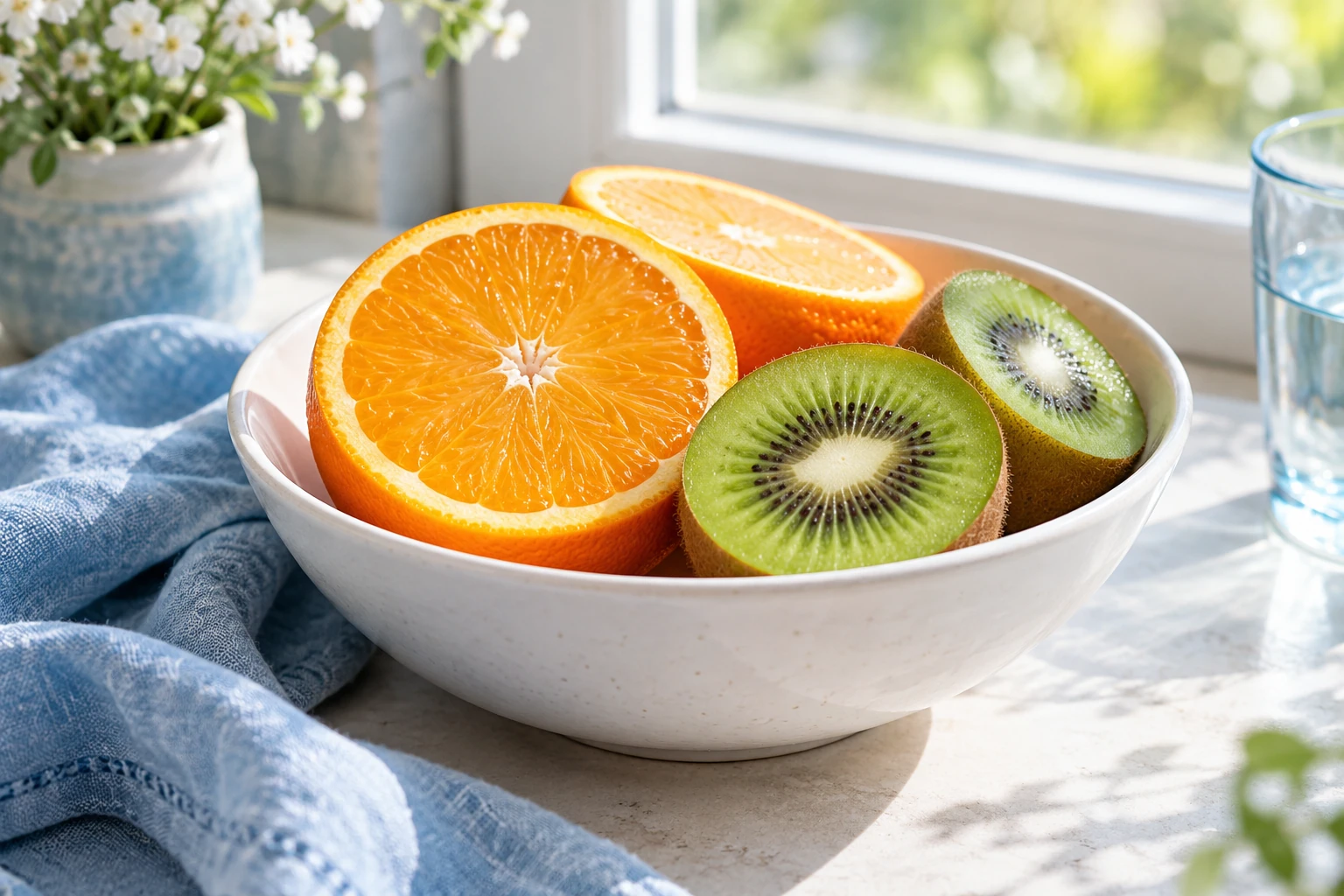 Bol blanc près d'une fenêtre contenant orange et kiwi coupés, lumière naturelle brillante